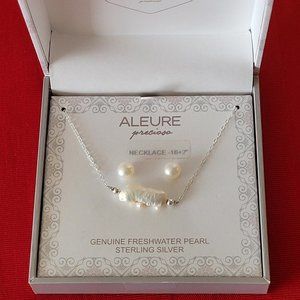 BRAND NEW, ALEURE GENUINE FRESHWATER PEARL EARRINGS AND STERLING SILVER NECKLACE